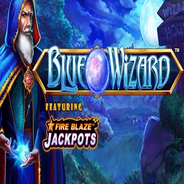 Blue Wizard Fire Blaze Jackpots slot logo by Rarestone Gaming at Glorion Casino